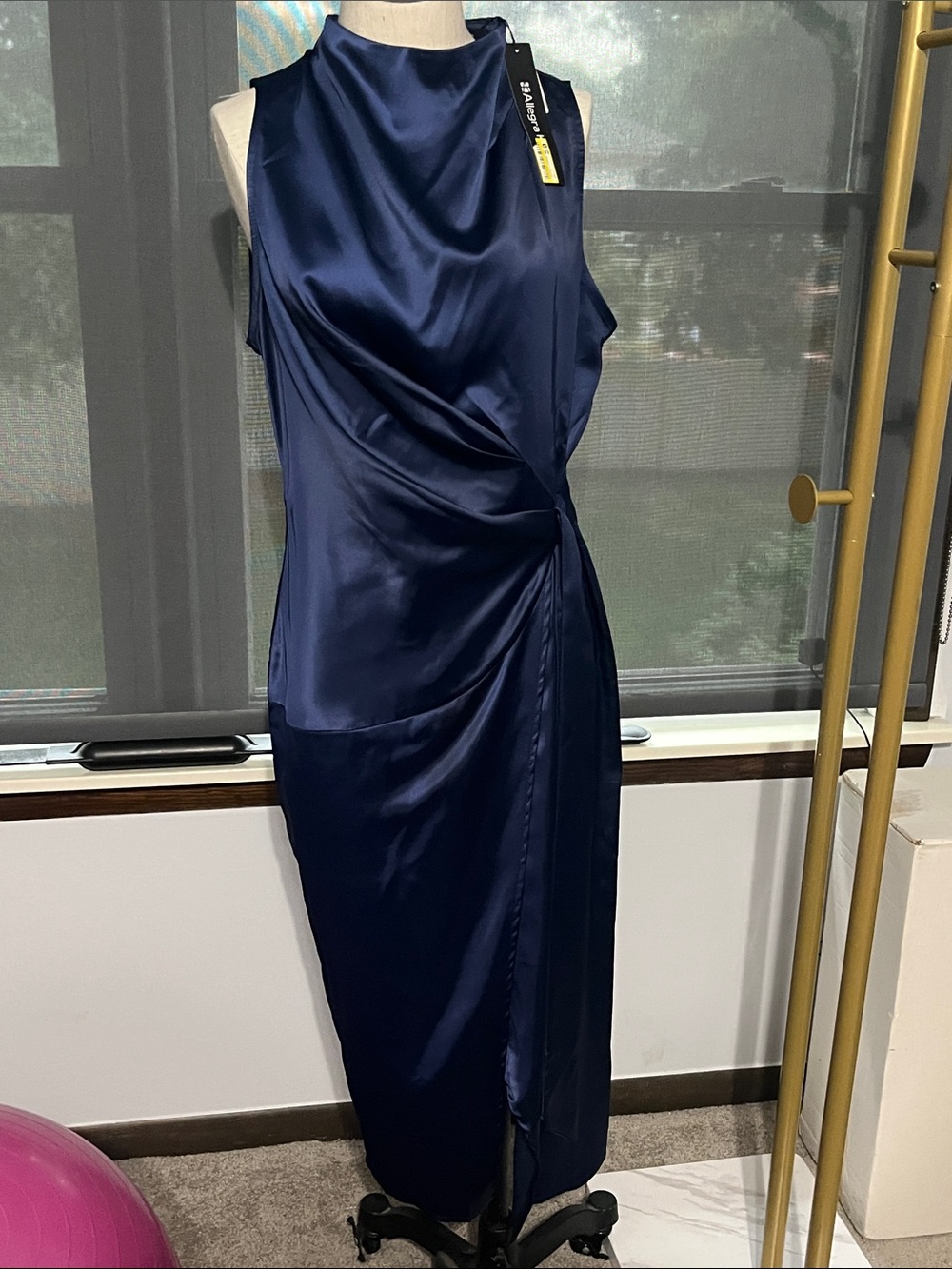 Allegra K Navy Satin Draped Sleeveless Midi Dress